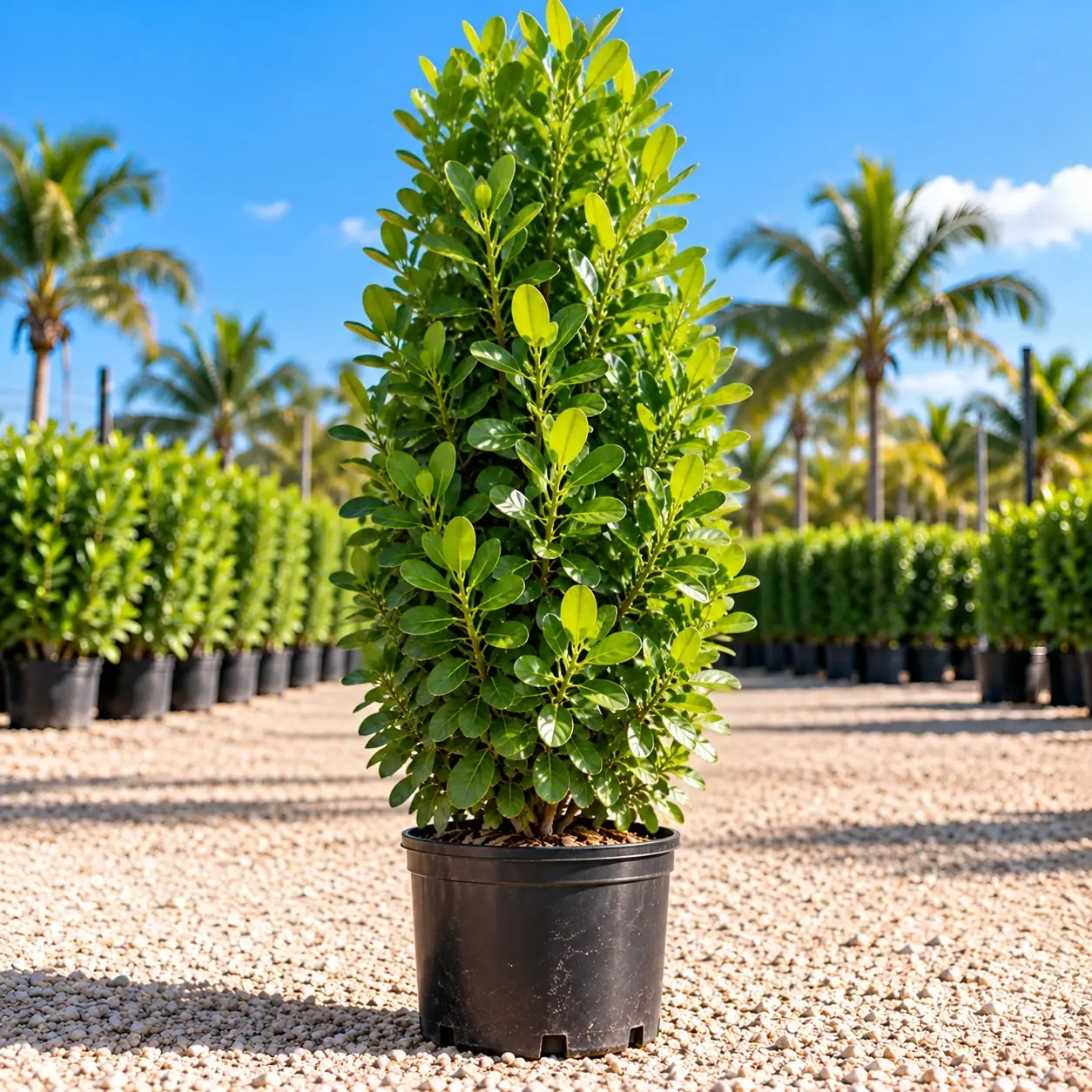 Tall Clusia plant centered in a black nursery pot.