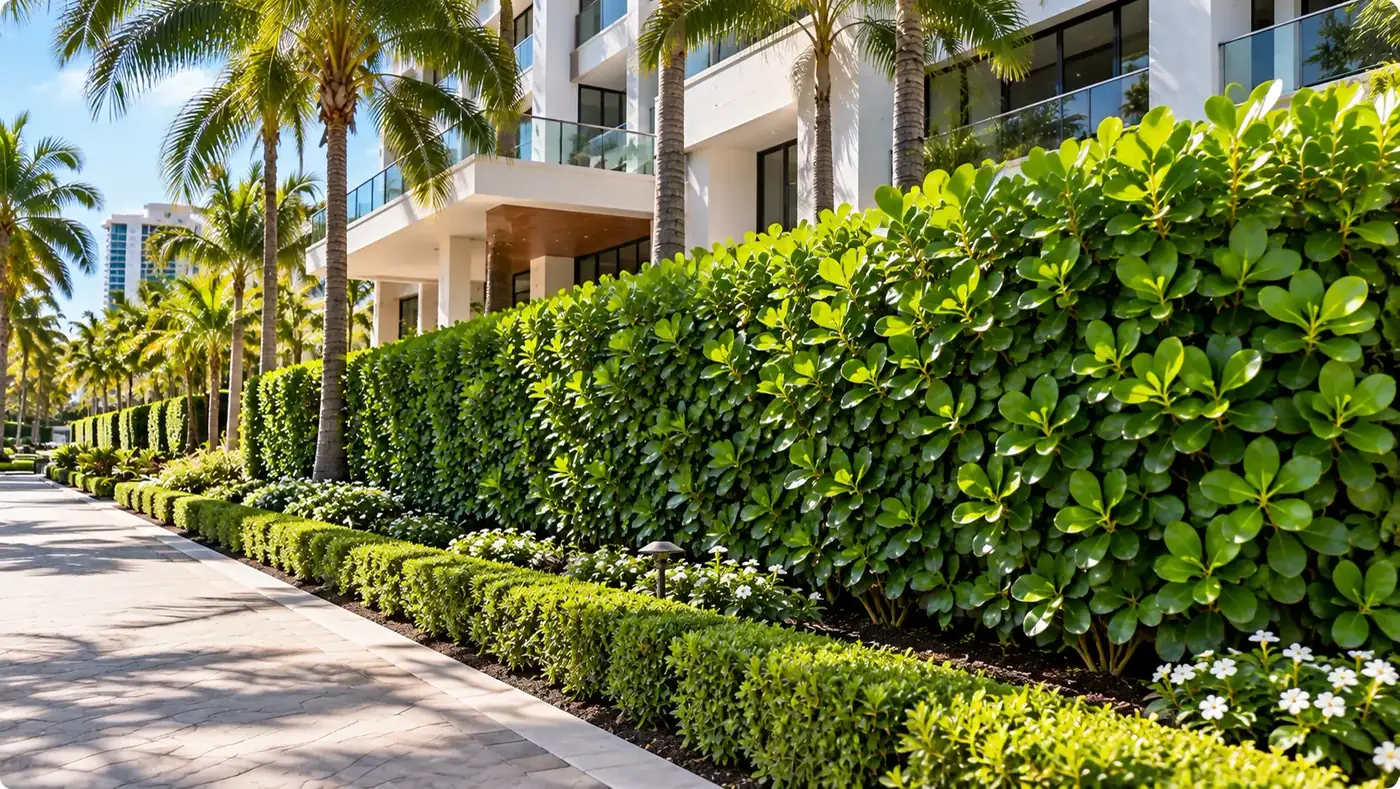 Dense Clusia privacy hedge screening a stone walkway beside a multi-story condo with palms.