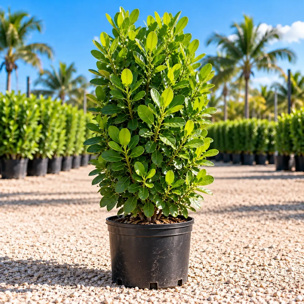 Medium-height Clusia plant centered in a black nursery pot.