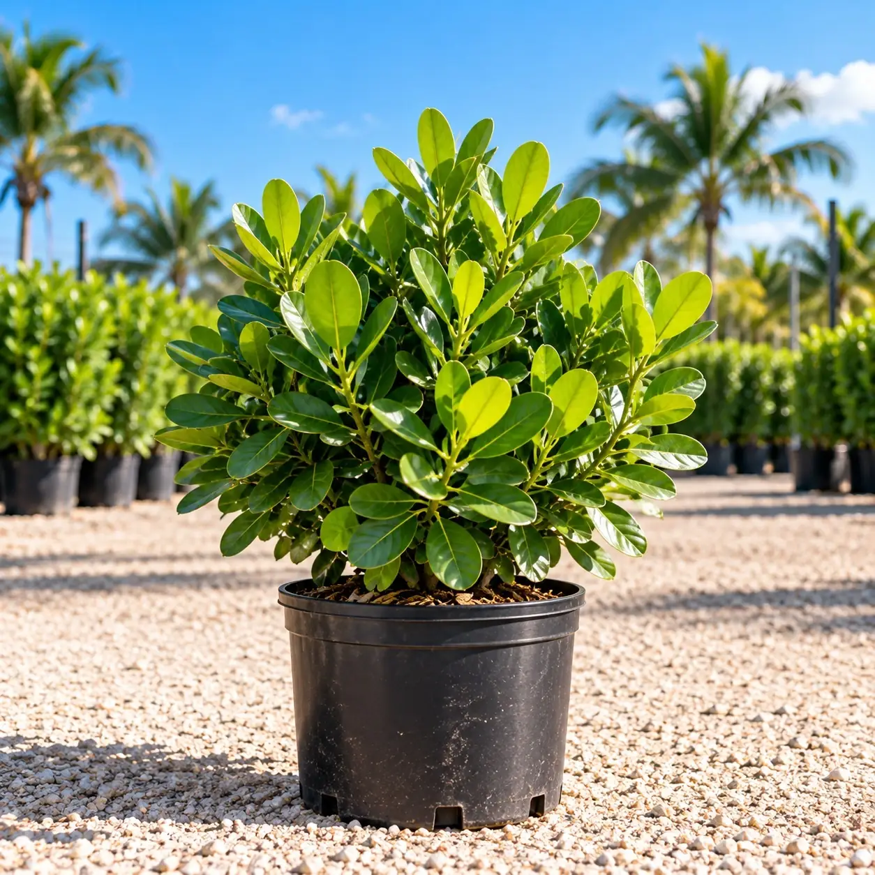 Compact Clusia plant centered in a black nursery pot.