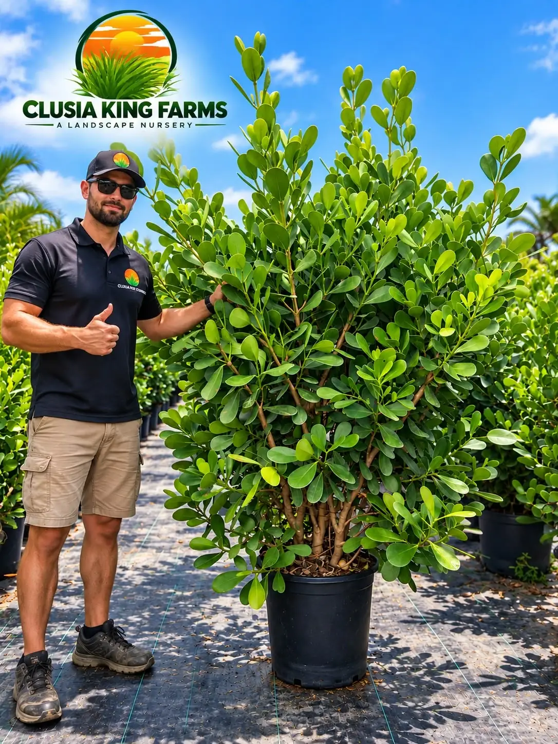 Man standing beside a tall potted Clusia at a nursery, with the Clusia King Farms logo above.