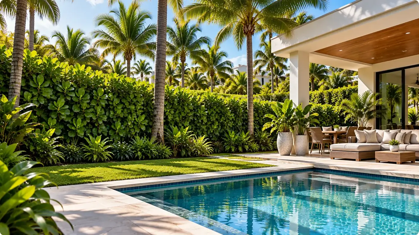 Sunlit Clusia privacy hedge enclosing a poolside patio with palms.