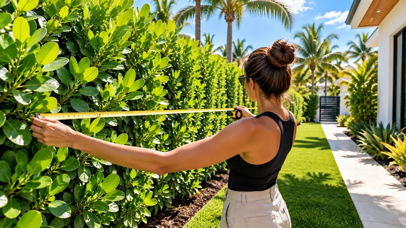 Person measuring a hedge with a tape measure.