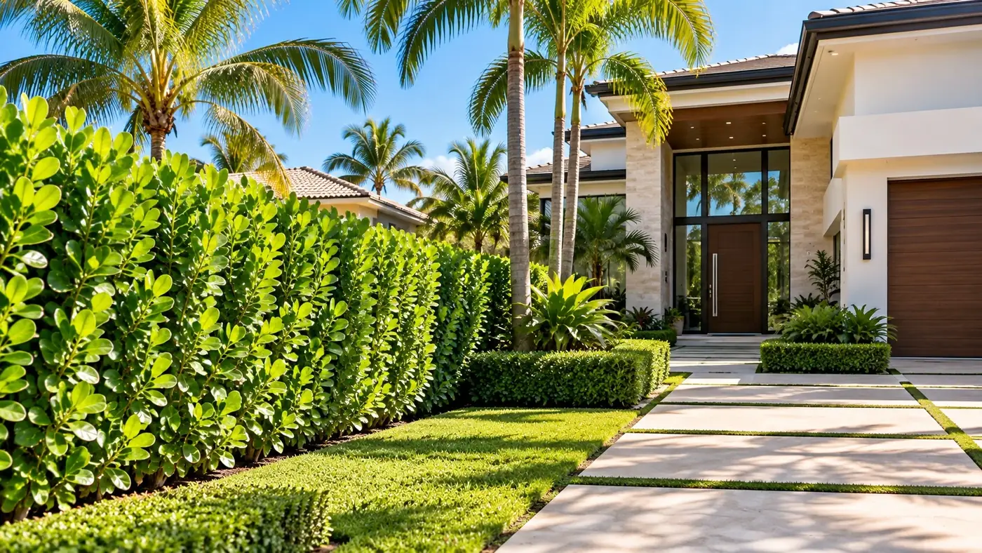 Clusia hedge beside a landscaped front entrance.