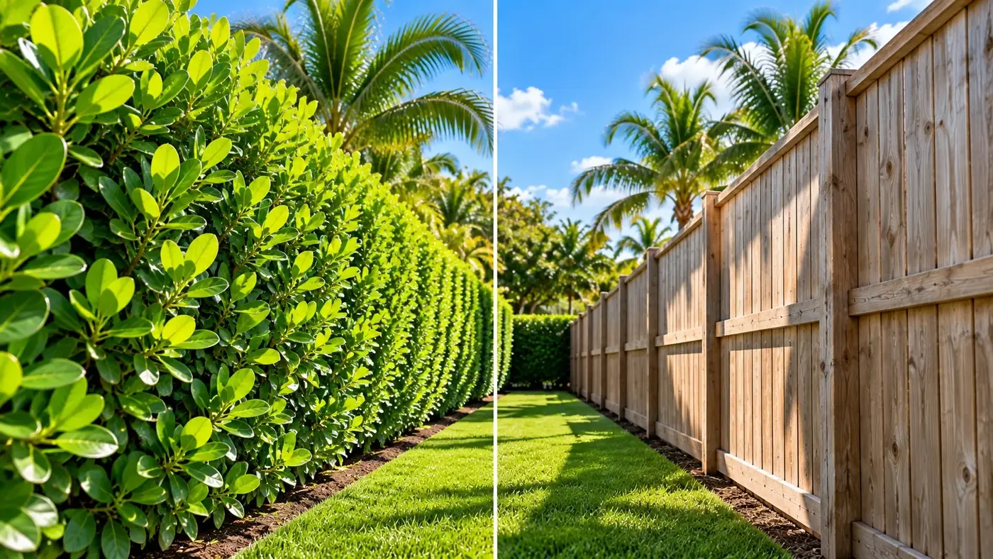 Side-by-side view of a living Clusia hedge and a wooden fence.