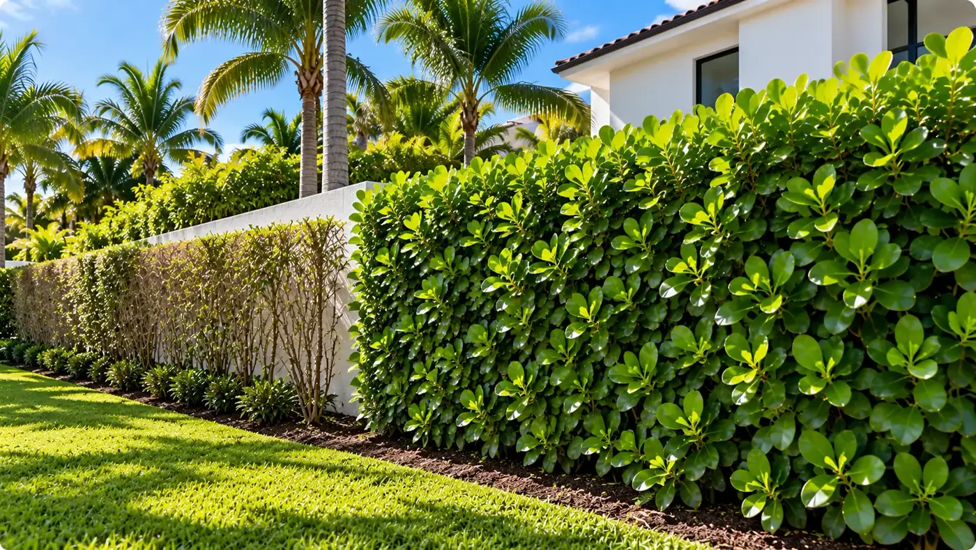 Sparse, struggling hedge beside a full, healthy Clusia hedge along a white boundary wall.
