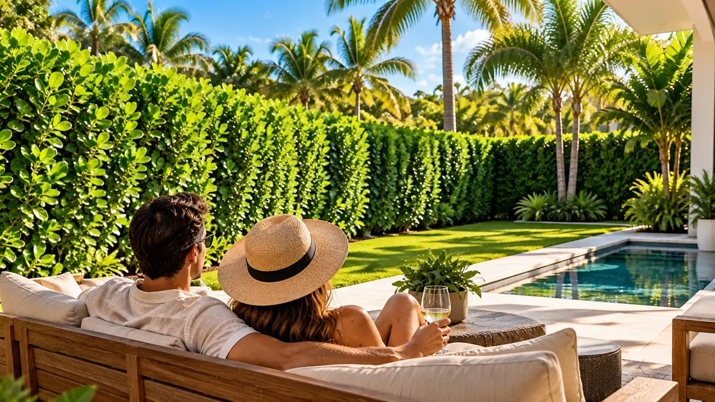 Couple relaxing beside a pool enclosed by Clusia hedges.