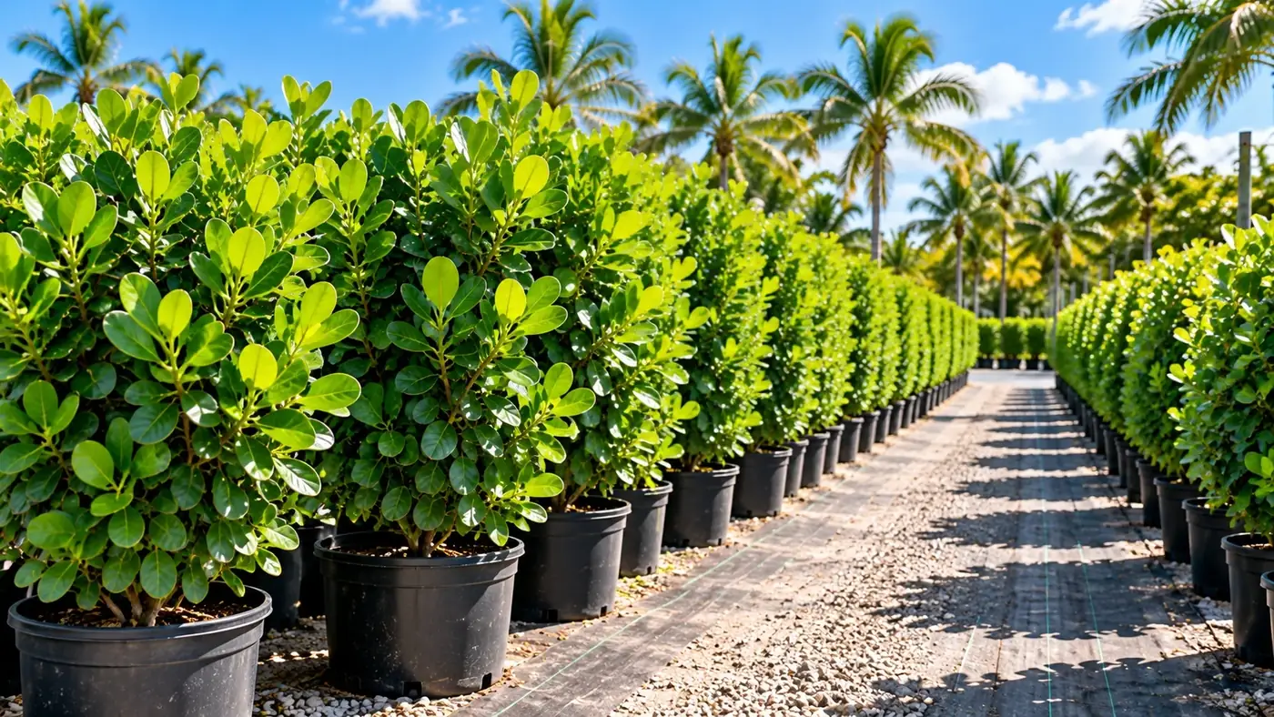 Rows of potted Clusia plants along a sunny nursery aisle.