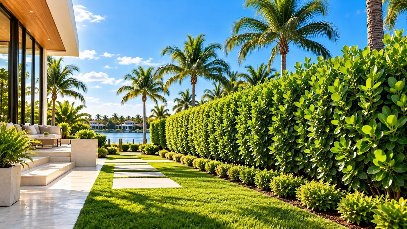 Clusia hedge screening a waterfront home and lawn.