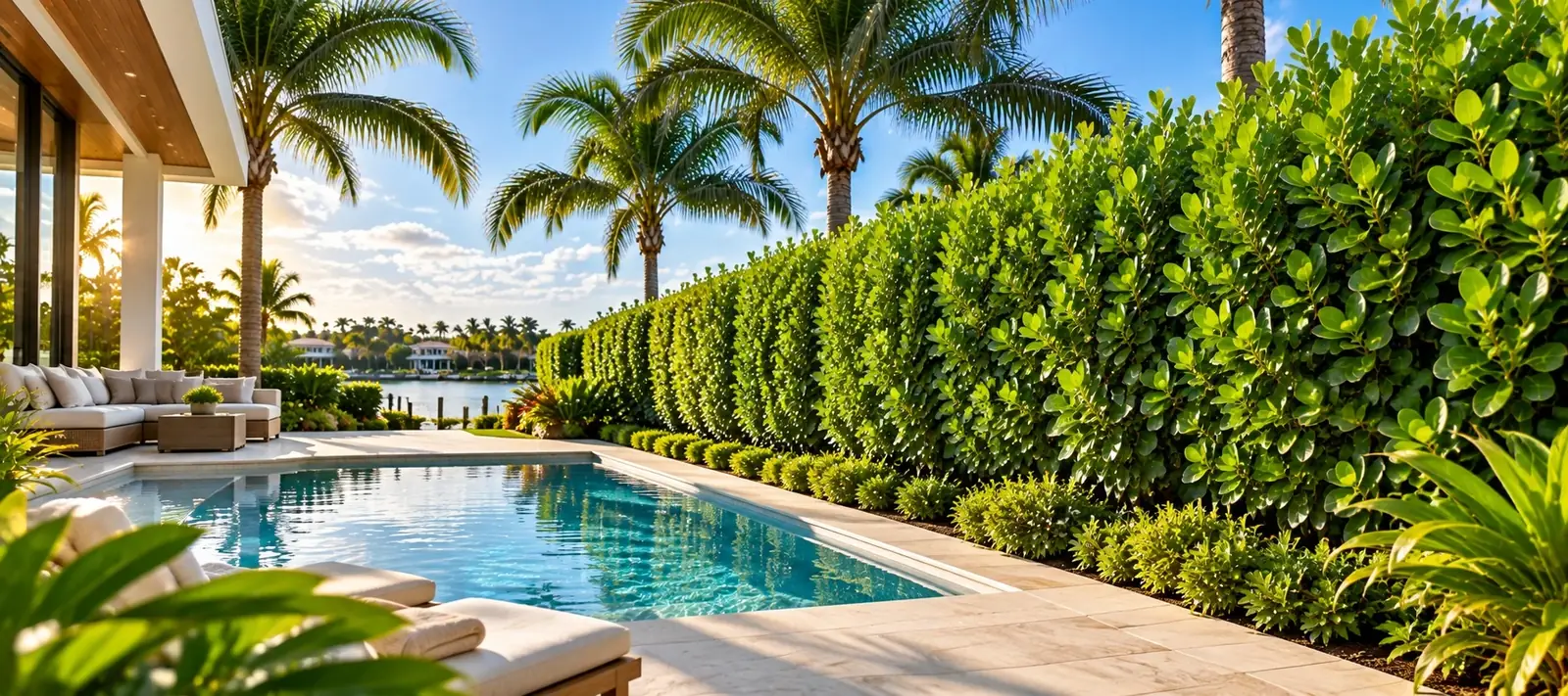 Dense Clusia privacy hedge beside a pool and tropical patio.