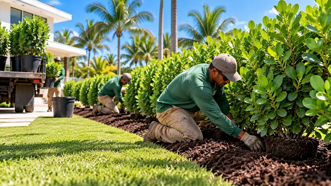 Crew planting Clusia along a residential property line.