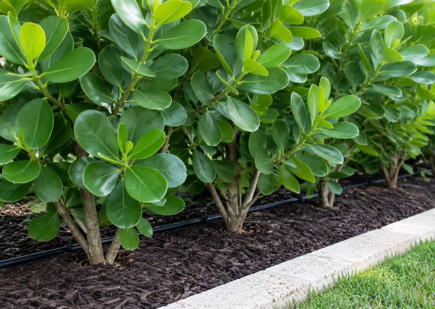 AI-generated editorial scene of Clusia rosea stems and rounded leaves above mulch and drip irrigation beside pale stone edging.