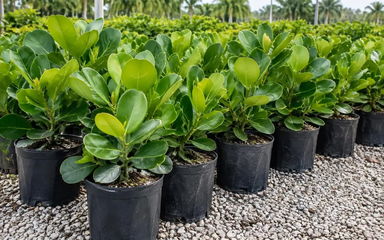 AI-generated rows of young 2–3 ft Clusia plants in 3-gallon black nursery pots on gravel.