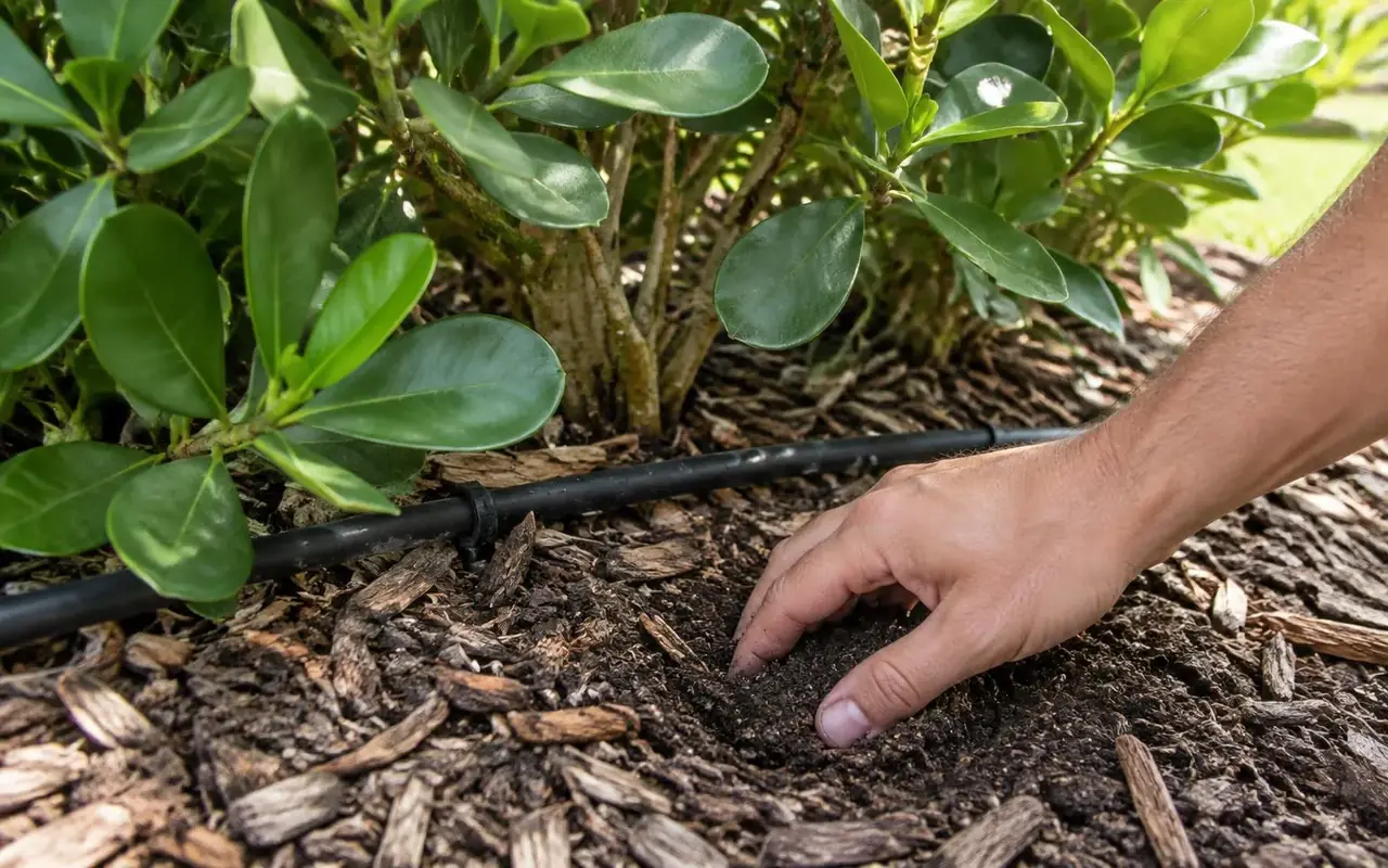 AI-generated base of a healthy Clusia hedge with a drip line as a hand checks soil moisture.