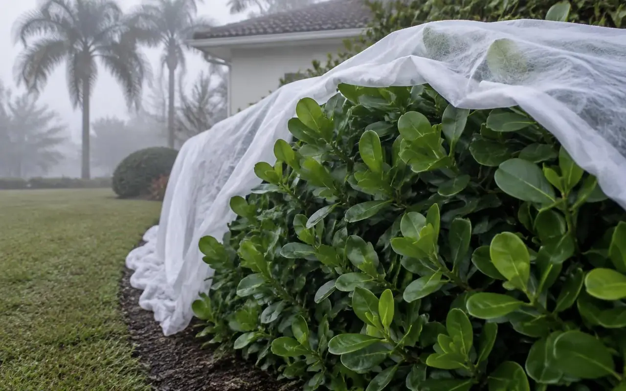 AI-generated Clusia hedge partly covered with white frost cloth on a misty early Florida morning.
