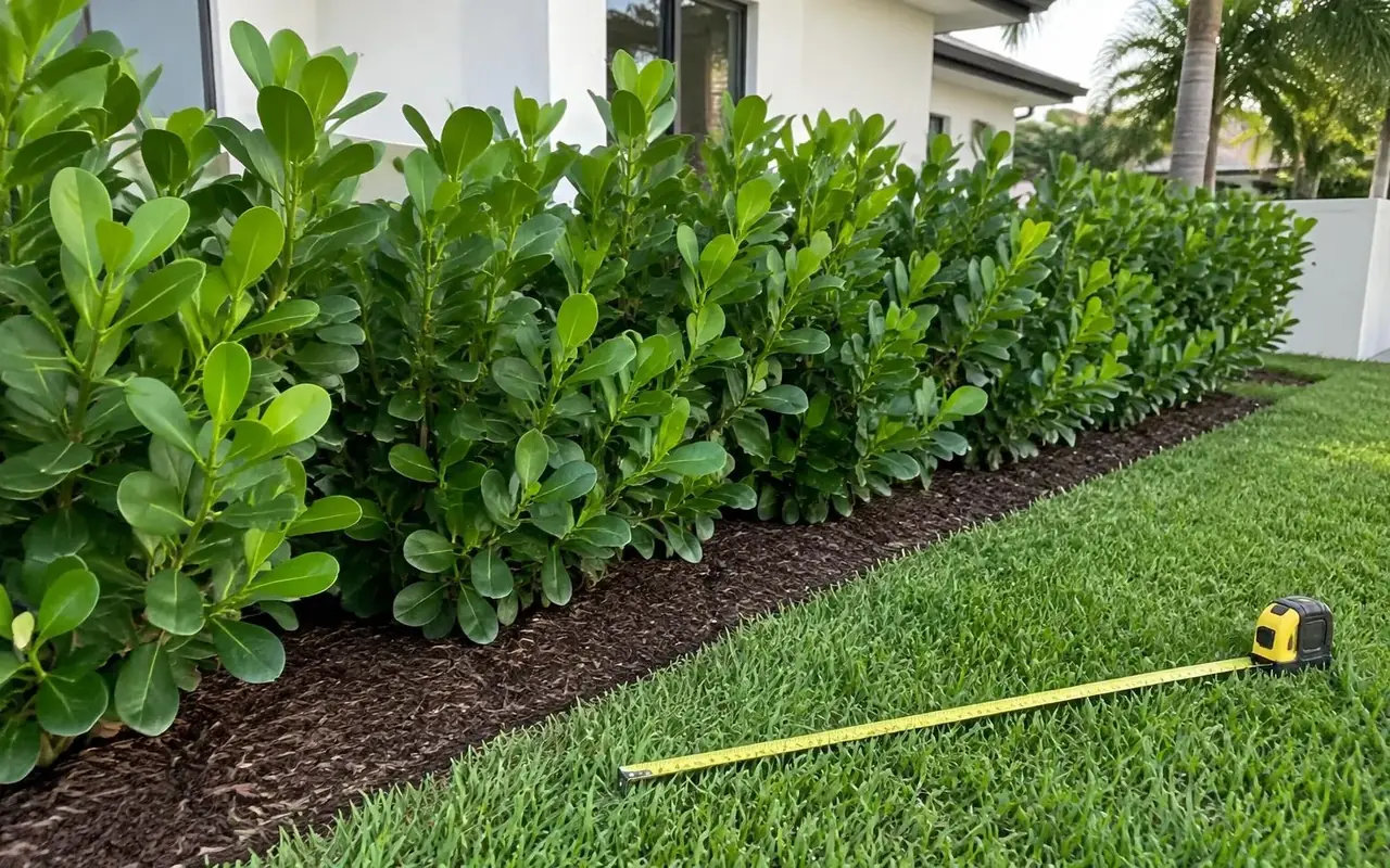 AI-generated freshly installed Clusia hedge along a residential property line with a tape measure on the lawn.