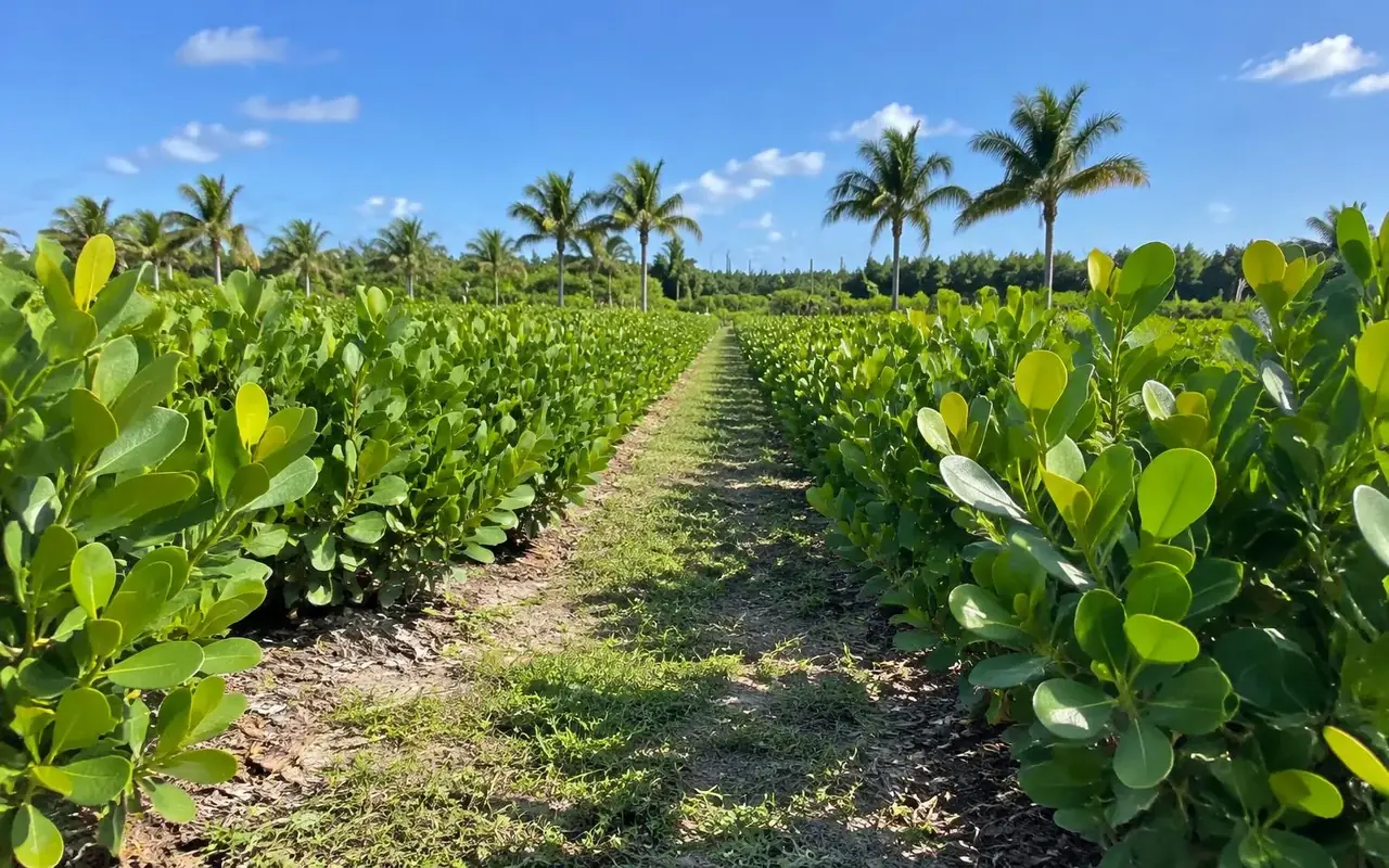 AI-generated wide view of a South Florida growing field with long rows of Clusia under a blue sky.