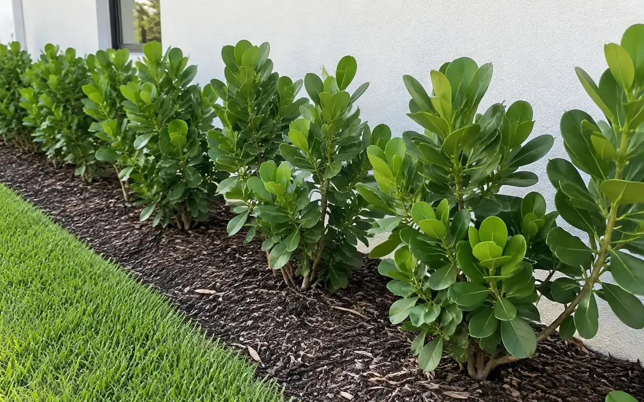 AI-generated young Clusia hedge still filling in, with small gaps between plants beside a white stucco wall.