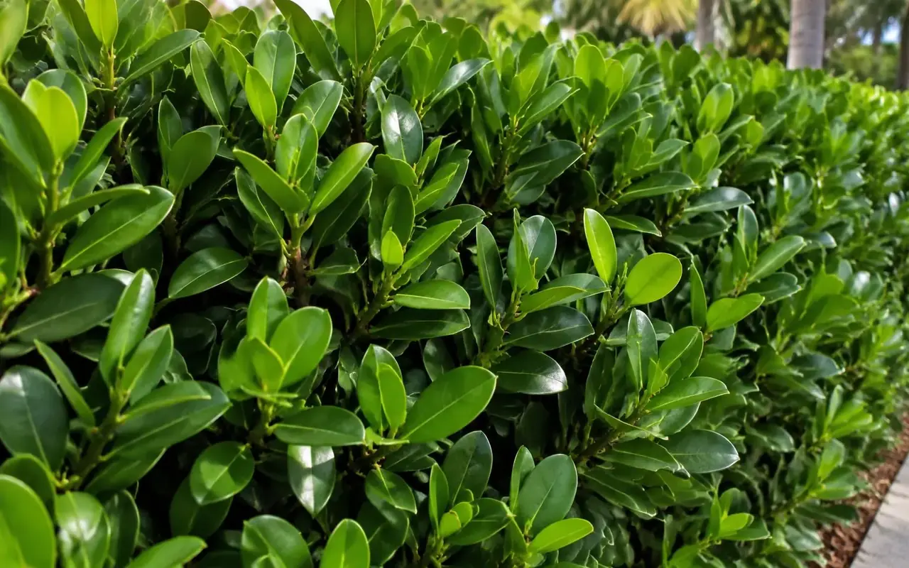 AI-generated close-up of a dense small-leaf Clusia guttifera hedge with narrow, upright glossy leaves.