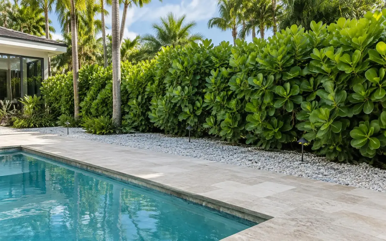 AI-generated Clusia hedge planted with a generous setback behind a pool deck and white gravel border.