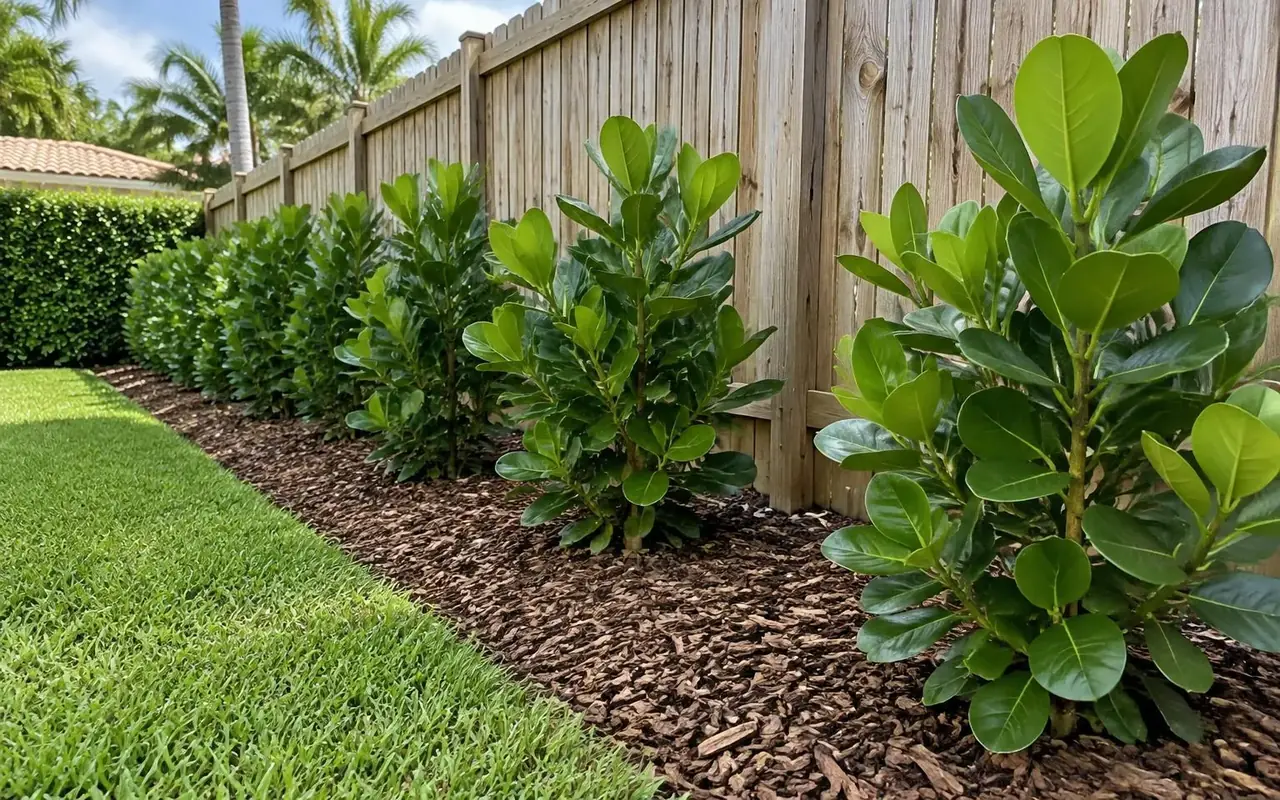 AI-generated evenly spaced young Clusia plants along a wooden fence with mulch between them.