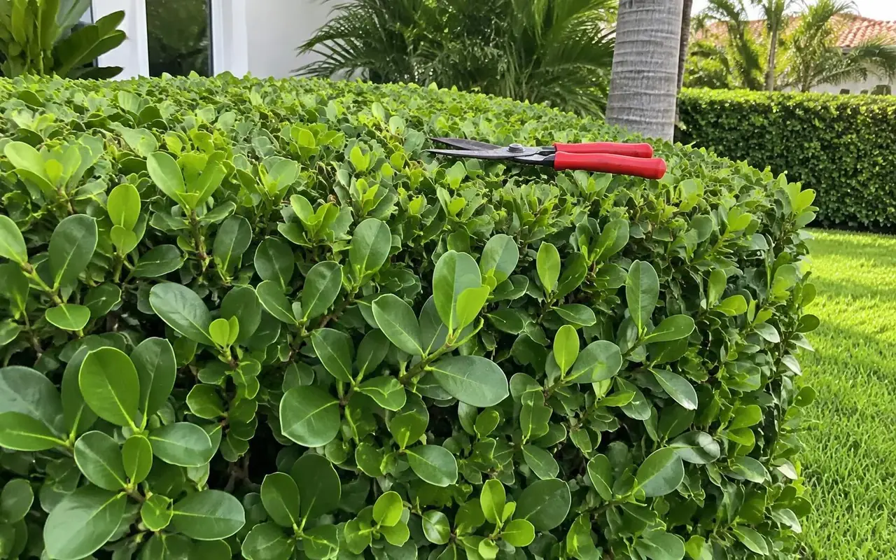 AI-generated neatly hand-pruned Clusia hedge with pruning shears resting on top.