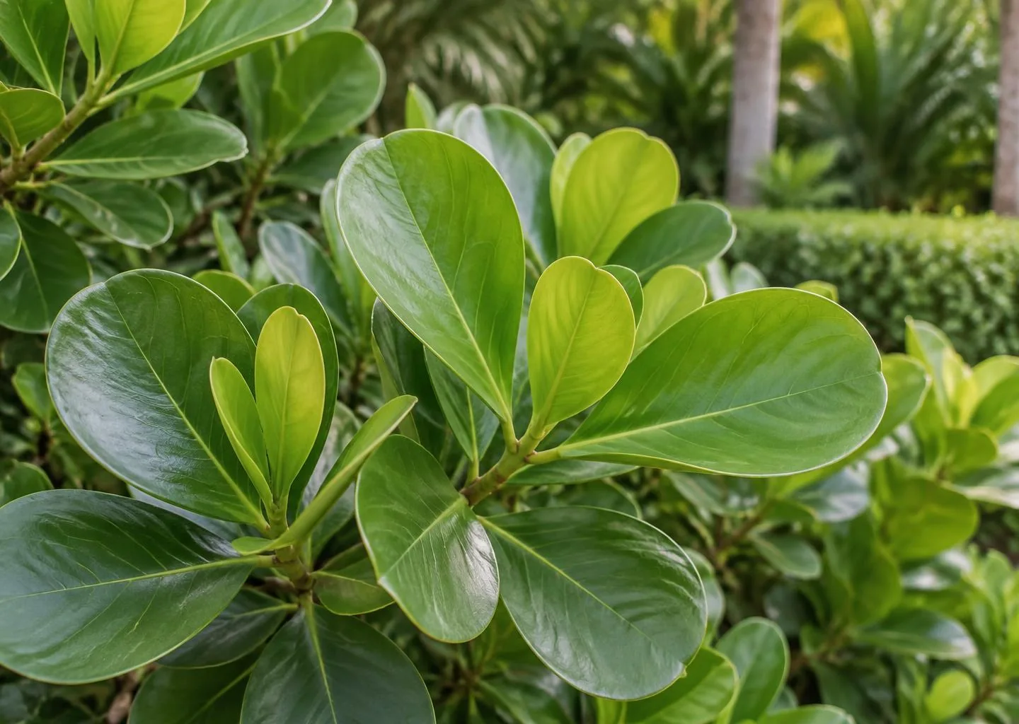 AI-generated editorial close-up of Clusia rosea's thick, glossy, rounded paddle-shaped leaves in natural daylight.