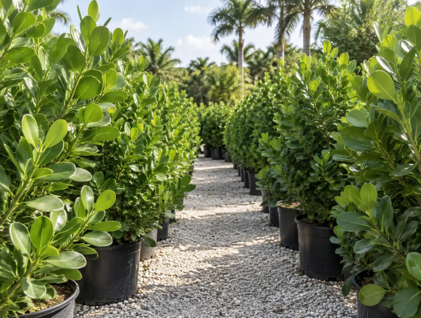 AI-generated editorial scene of rows of potted Clusia rosea with thick glossy leaves along a gravel nursery aisle beneath tropical palms.